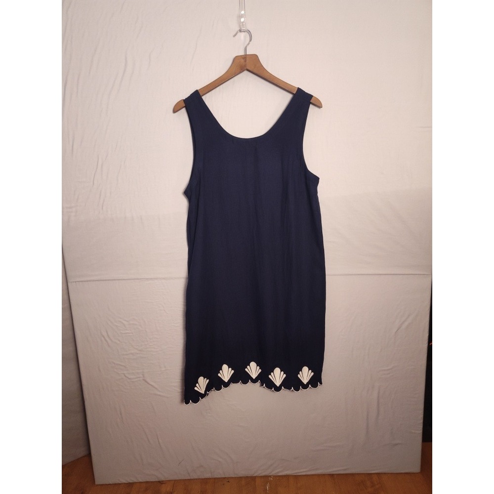 Calypso St Barth Navy Blue Linen Shell Embroidered Scallop Hem Shift Dress L